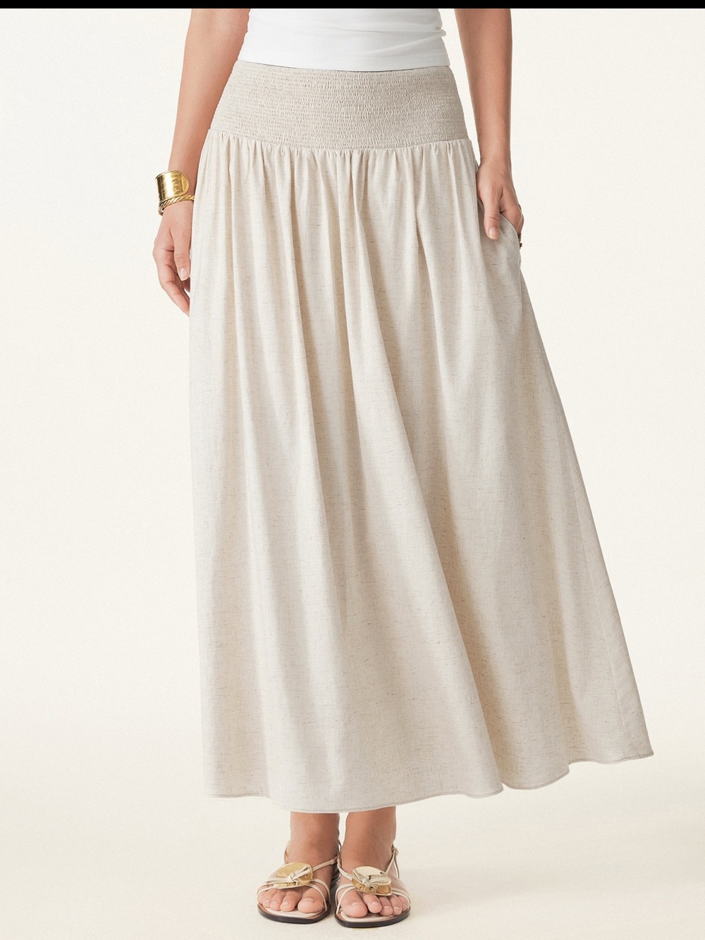 OGL Cream Smocked Waist Midi Skirt - Picture 2 of 5